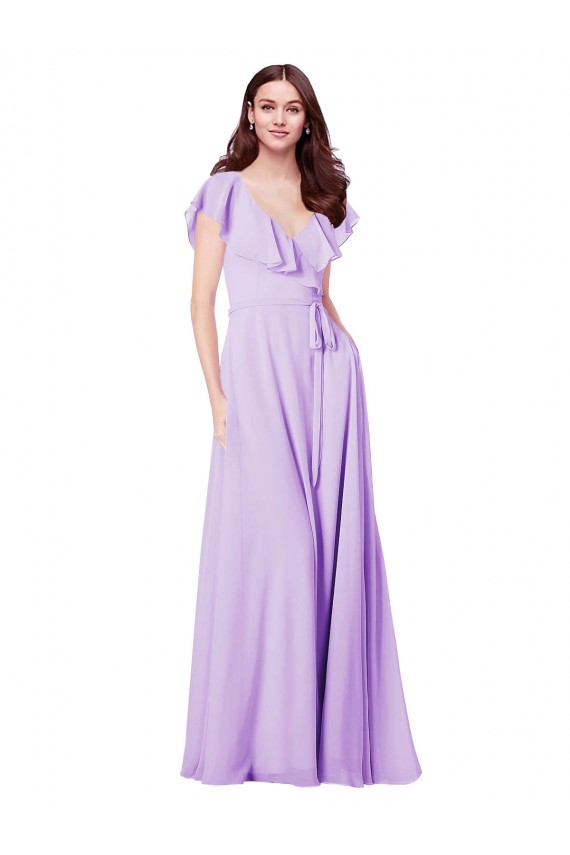 Online Lila A-Linien V-Ausschnitt Chiffon Lange Brautjungfernkleider