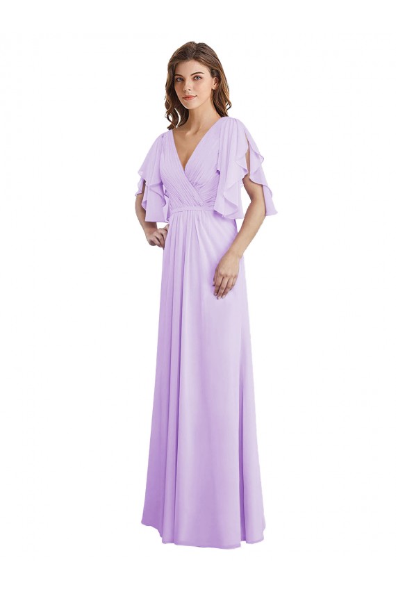 Online Lila A-Linien V-Ausschnitt Chiffon Lange Brautjungfernkleider