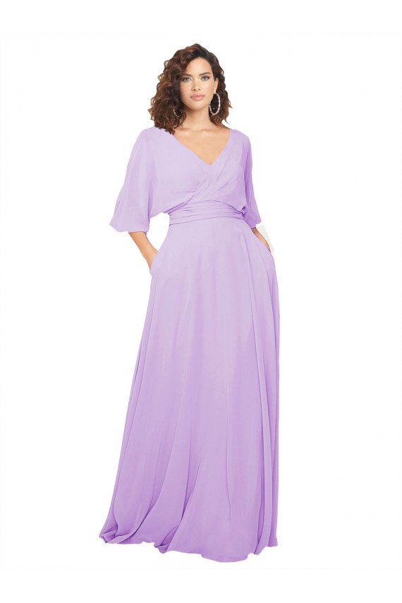 Online Lila A-Linien V-Ausschnitt Chiffon Lange Brautjungfernkleider