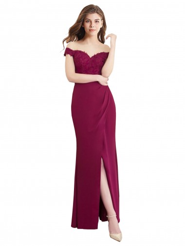 Online Meerjungfrau Off-Schulter Chiffon Spitze Lange Brautjungfernkleider