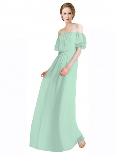 Online Minzgrün A-Linien Off-Schulter Spaghetti-Träger Chiffon Lange Brautjungfernkleider