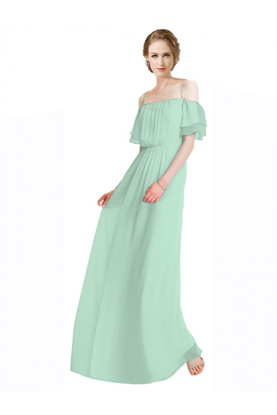 Online Minzgrün A-Linien Off-Schulter Spaghetti-Träger Chiffon Lange Brautjungfernkleider