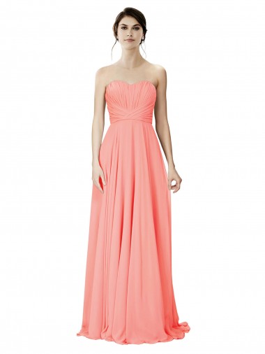 Online Peach A-Linien Trägerlos Chiffon Lange Brautjungfernkleider