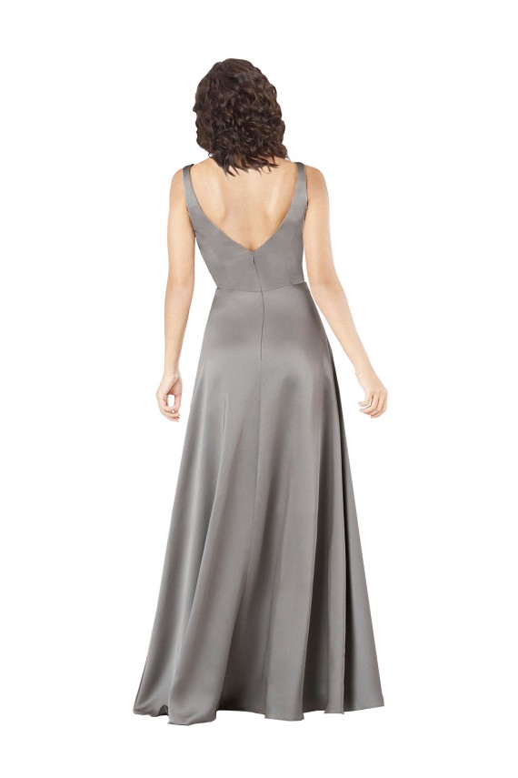 Online Pearl Grey A-Linien V-Ausschnitt Seidiger Satin Lange Formale Brautjungfernkleider / Abendkleider / Abiballkleider