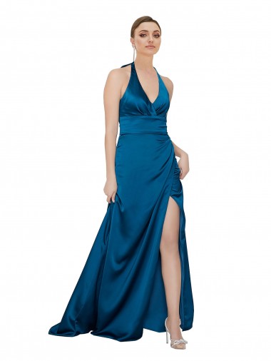 Online Pfauenblau A-Linien Neckholder Seidiger Satin Lange Formale Brautjungfernkleider / Abendkleider / Abiballkleider