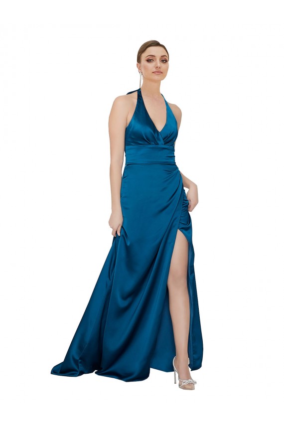 Online Pfauenblau A-Linien Neckholder Seidiger Satin Lange Formale Brautjungfernkleider / Abendkleider / Abiballkleider