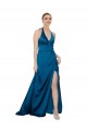 Online Pfauenblau A-Linien Neckholder Seidiger Satin Lange Formale Brautjungfernkleider / Abendkleider / Abiballkleider