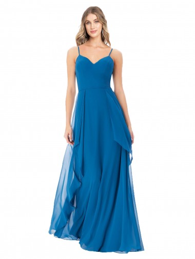 Online Pfauenblau A-Linien Spaghetti-Träger Chiffon Lange Brautjungfernkleider