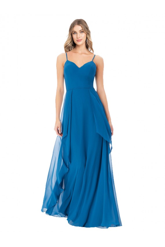 Online Pfauenblau A-Linien Spaghetti-Träger Chiffon Lange Brautjungfernkleider