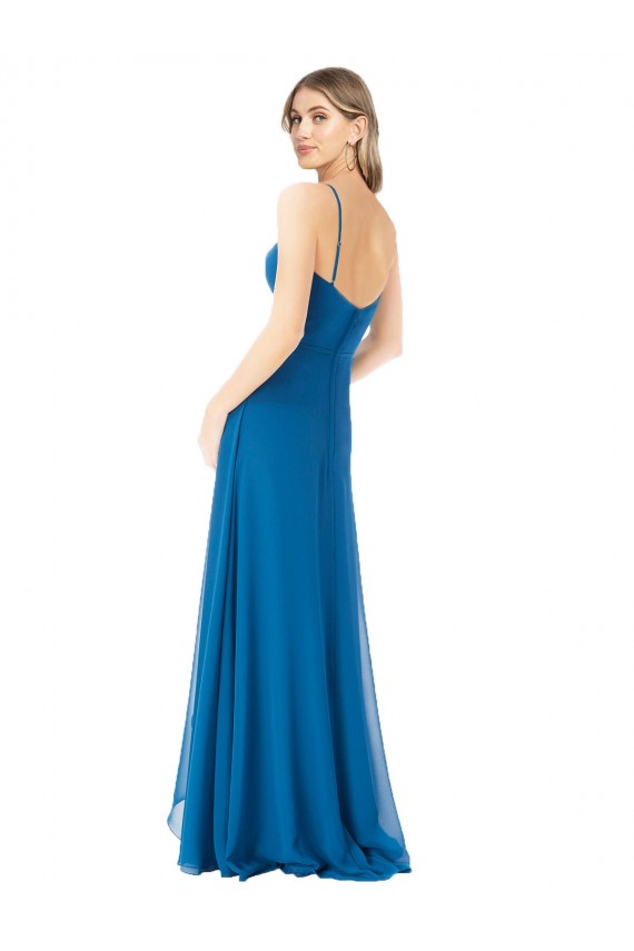 Online Pfauenblau A-Linien Spaghetti-Träger Chiffon Lange Brautjungfernkleider