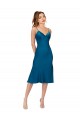 Online Pfauenblau A-Linien V-Ausschnitt Midi Seidiger Satin Kurze Brautjungfernkleider / Abiballkleider / Cocktailkleider / Heimkehr Kleider
