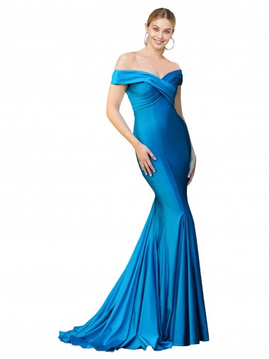 Online Pfauenblau Meerjungfrau Off-Schulter Satin Lange Formale Brautjungfernkleider / Abendkleider / Abiballkleider