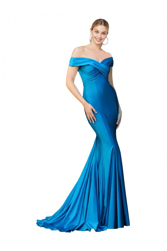 Online Pfauenblau Meerjungfrau Off-Schulter Satin Lange Formale Brautjungfernkleider / Abendkleider / Abiballkleider