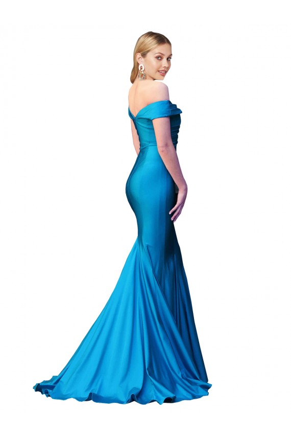 Online Pfauenblau Meerjungfrau Off-Schulter Satin Lange Formale Brautjungfernkleider / Abendkleider / Abiballkleider