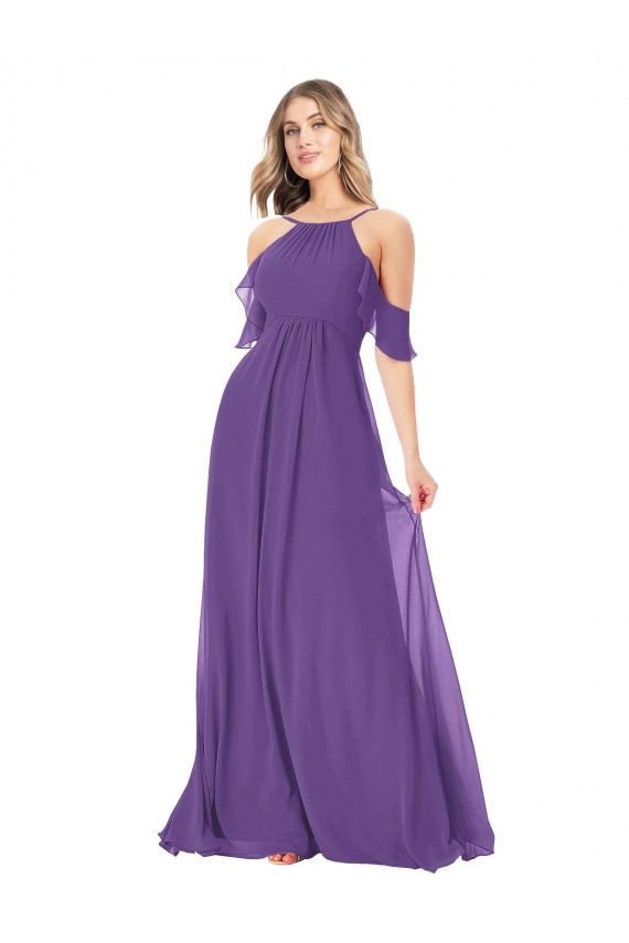 Online Pflaume Lila A-Linien Off-Schulter Stehkragen Ausschnitt Chiffon Lange Brautjungfernkleider