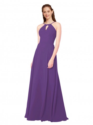 Online Pflaume Lila Etui Stehkragen Ausschnitt Chiffon Lange Brautjungfernkleider