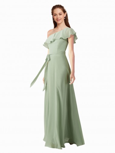 Online Rauchgrün A-Linien Eine-Schulter Chiffon Lange Brautjungfernkleider