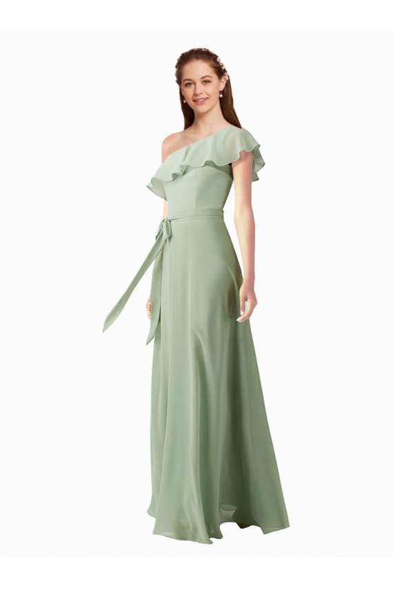 Online Rauchgrün A-Linien Eine-Schulter Chiffon Lange Brautjungfernkleider