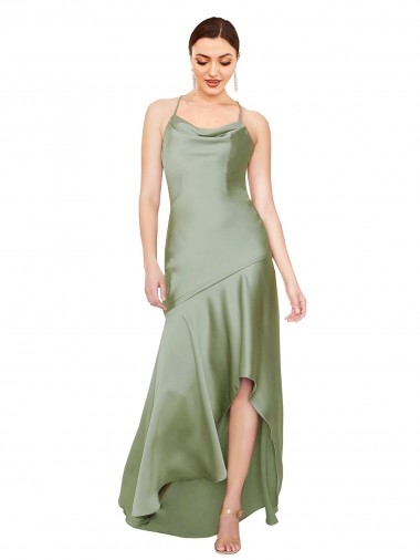 Online Rauchgrün A-Linien Haube Ausschnitt Seidiger Satin Lange Formale Brautjungfernkleider / Abendkleider / Abiballkleider