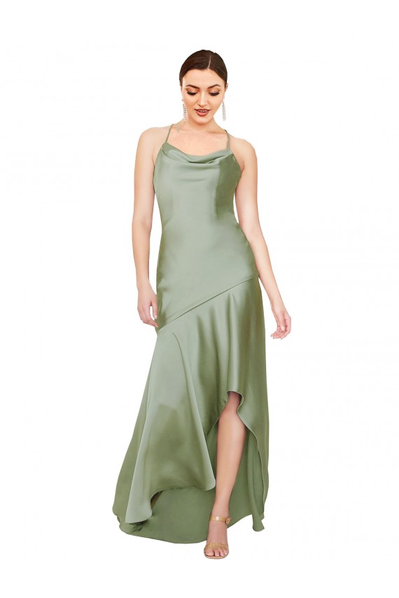 Online Rauchgrün A-Linien Haube Ausschnitt Seidiger Satin Lange Formale Brautjungfernkleider / Abendkleider / Abiballkleider