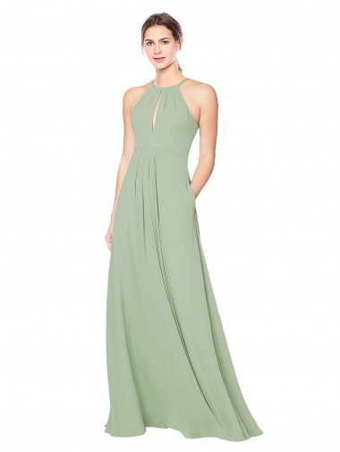 Online Rauchgrün A-Linien Neckholder Chiffon Lange Brautjungfernkleider