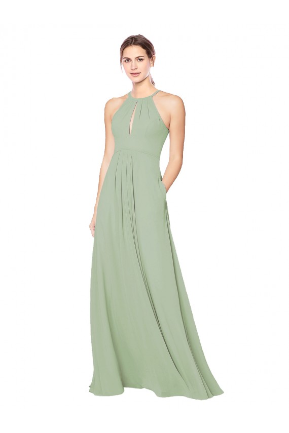 Online Rauchgrün A-Linien Neckholder Chiffon Lange Brautjungfernkleider