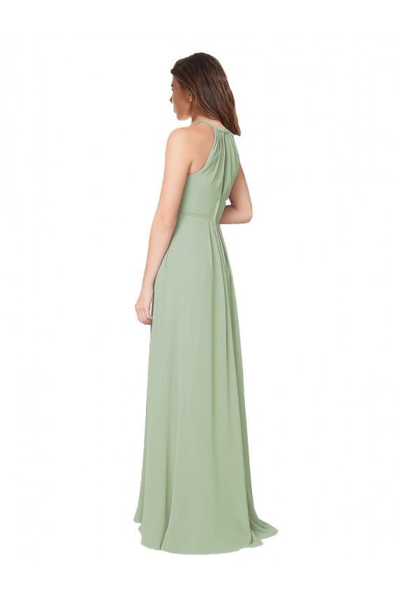 Online Rauchgrün A-Linien Neckholder Chiffon Lange Brautjungfernkleider