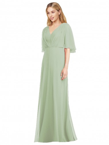 Online Rauchgrün Trompete V-Ausschnitt Chiffon Lange Brautjungfernkleider