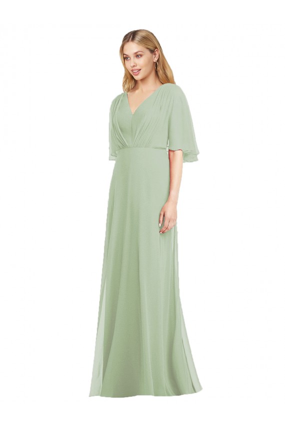 Online Rauchgrün Trompete V-Ausschnitt Chiffon Lange Brautjungfernkleider