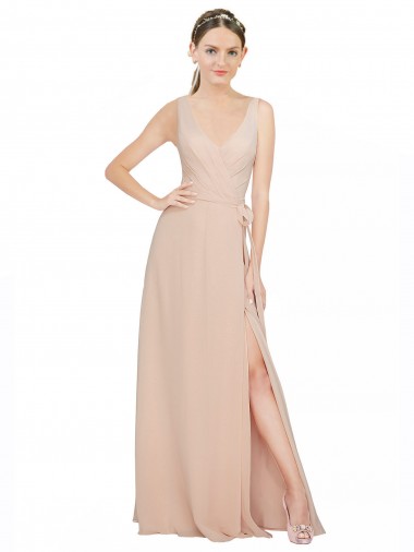 Online Rosa 114 A-Linien V-Ausschnitt Chiffon Lange Brautjungfernkleider