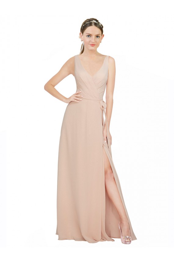 Online Rosa 114 A-Linien V-Ausschnitt Chiffon Lange Brautjungfernkleider