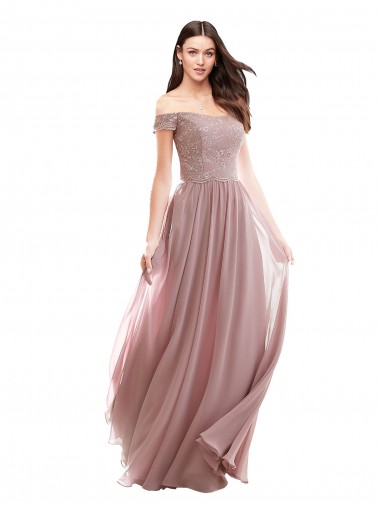 Online Rosa 147 A-Linien Off-Schulter Chiffon Spitze Lange Brautjungfernkleider
