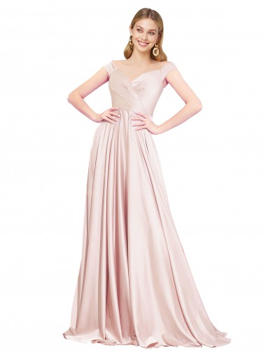 Online Rosa A-Linien Off-Schulter Satin Lange Formale Brautjungfernkleider / Abendkleider / Abiballkleider