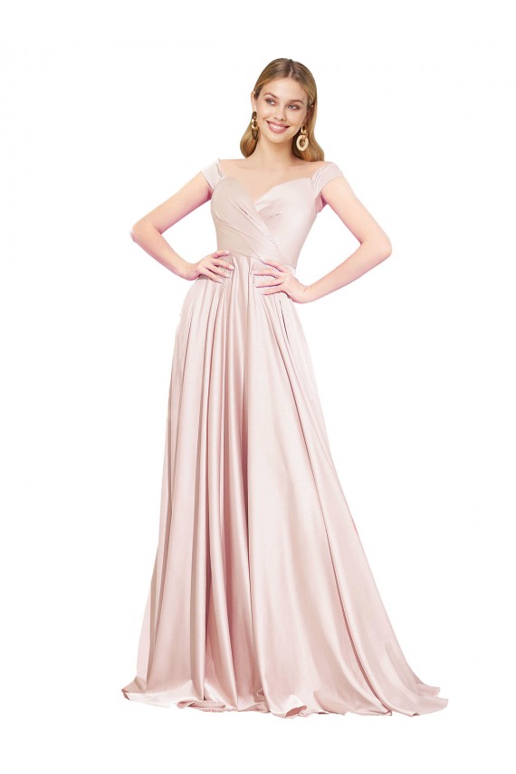 Online Rosa A-Linien Off-Schulter Satin Lange Formale Brautjungfernkleider / Abendkleider / Abiballkleider
