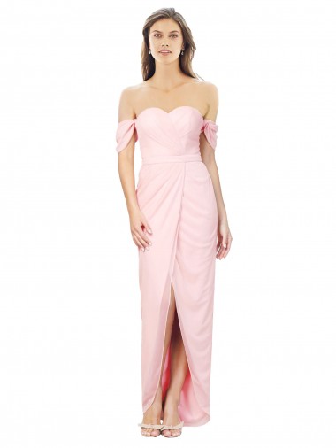 Online Rosa A-Linien Off-Schulter Trägerlos Chiffon Lange Brautjungfernkleider