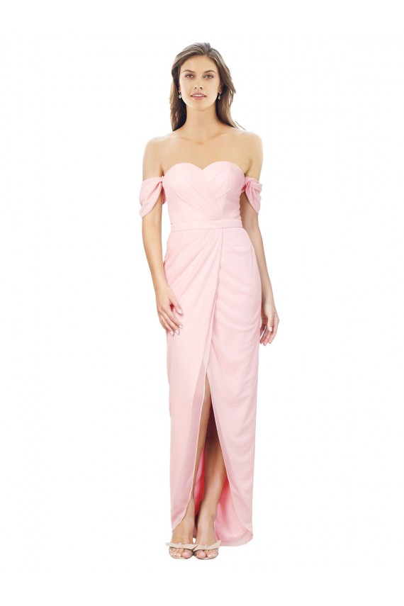 Online Rosa A-Linien Off-Schulter Trägerlos Chiffon Lange Brautjungfernkleider