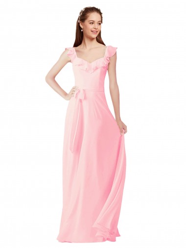 Online Rosa A-Linien V-Ausschnitt Chiffon Lange Brautjungfernkleider