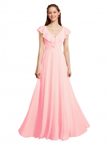 Online Rosa A-Linien V-Ausschnitt Chiffon Lange Brautjungfernkleider