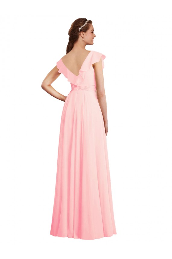 Online Rosa A-Linien V-Ausschnitt Chiffon Lange Brautjungfernkleider