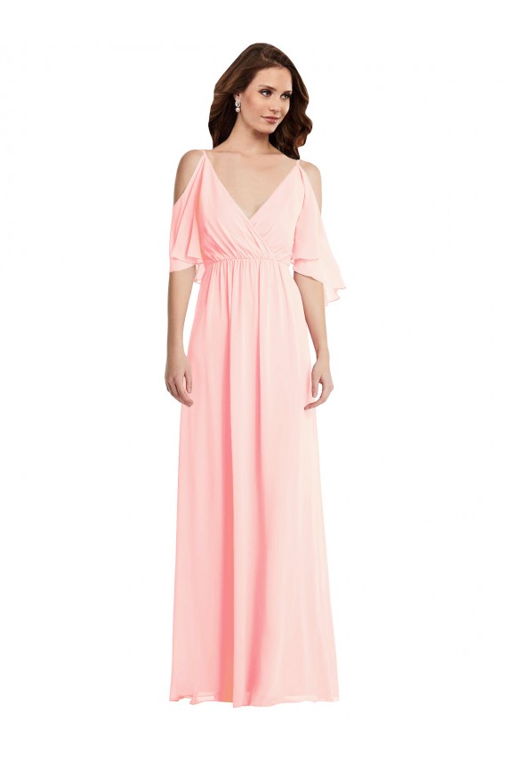 Online Rosa A-Linien V-Ausschnitt Chiffon Lange Brautjungfernkleider