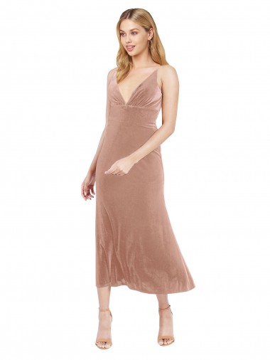 Online Rosa A-Linien V-Ausschnitt Midi Stretch-Samt Kurze Brautjungfernkleider / Abiballkleider / Cocktailkleider / Heimkehr Kleider