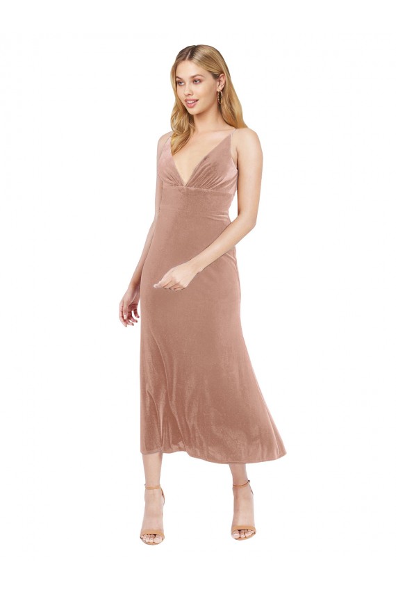 Online Rosa A-Linien V-Ausschnitt Midi Stretch-Samt Kurze Brautjungfernkleider / Abiballkleider / Cocktailkleider / Heimkehr Kleider