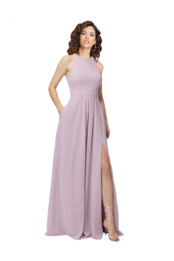 Online Rosa Leuchten A-Linien Neckholder Stehkragen Ausschnitt Chiffon Lange Brautjungfernkleider