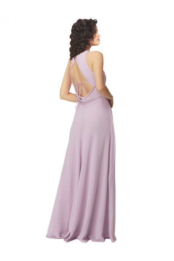 Online Rosa Leuchten A-Linien Neckholder Stehkragen Ausschnitt Chiffon Lange Brautjungfernkleider
