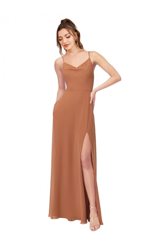 Online Rosenholz A-Linien Haube Ausschnitt Chiffon Lange Brautjungfernkleider