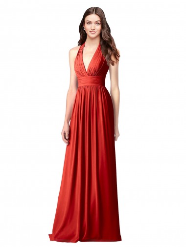Online Rot A-Linien Neckholder V-Ausschnitt Chiffon Lange Brautjungfernkleider