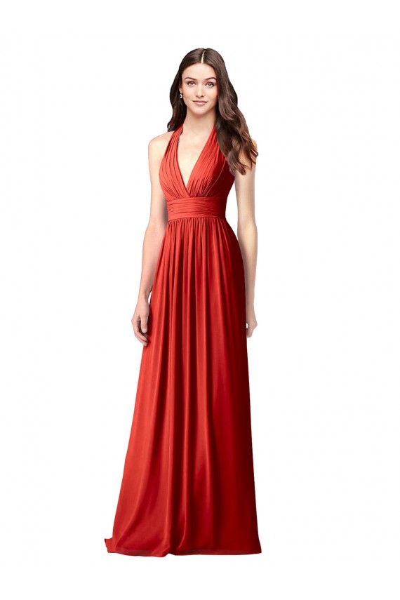 Online Rot A-Linien Neckholder V-Ausschnitt Chiffon Lange Brautjungfernkleider