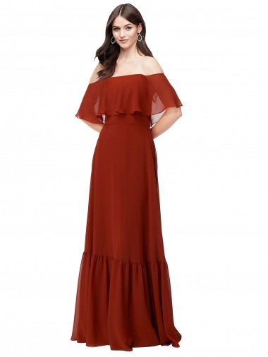 Online Rot A-Linien Off-Schulter Chiffon Lange Brautjungfernkleider