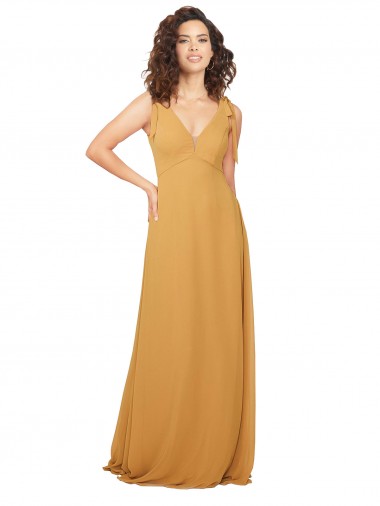 Online Safran A-Linien V-Ausschnitt Chiffon Lange Brautjungfernkleider