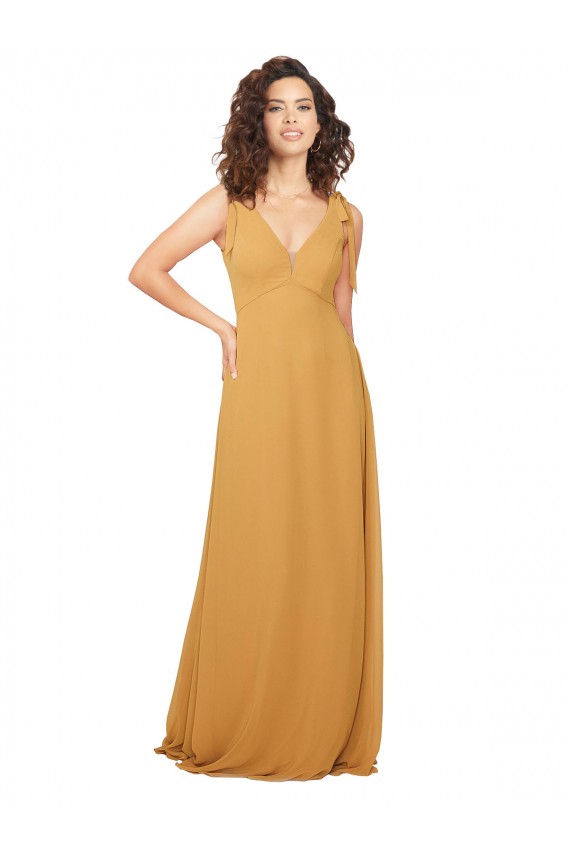 Online Safran A-Linien V-Ausschnitt Chiffon Lange Brautjungfernkleider